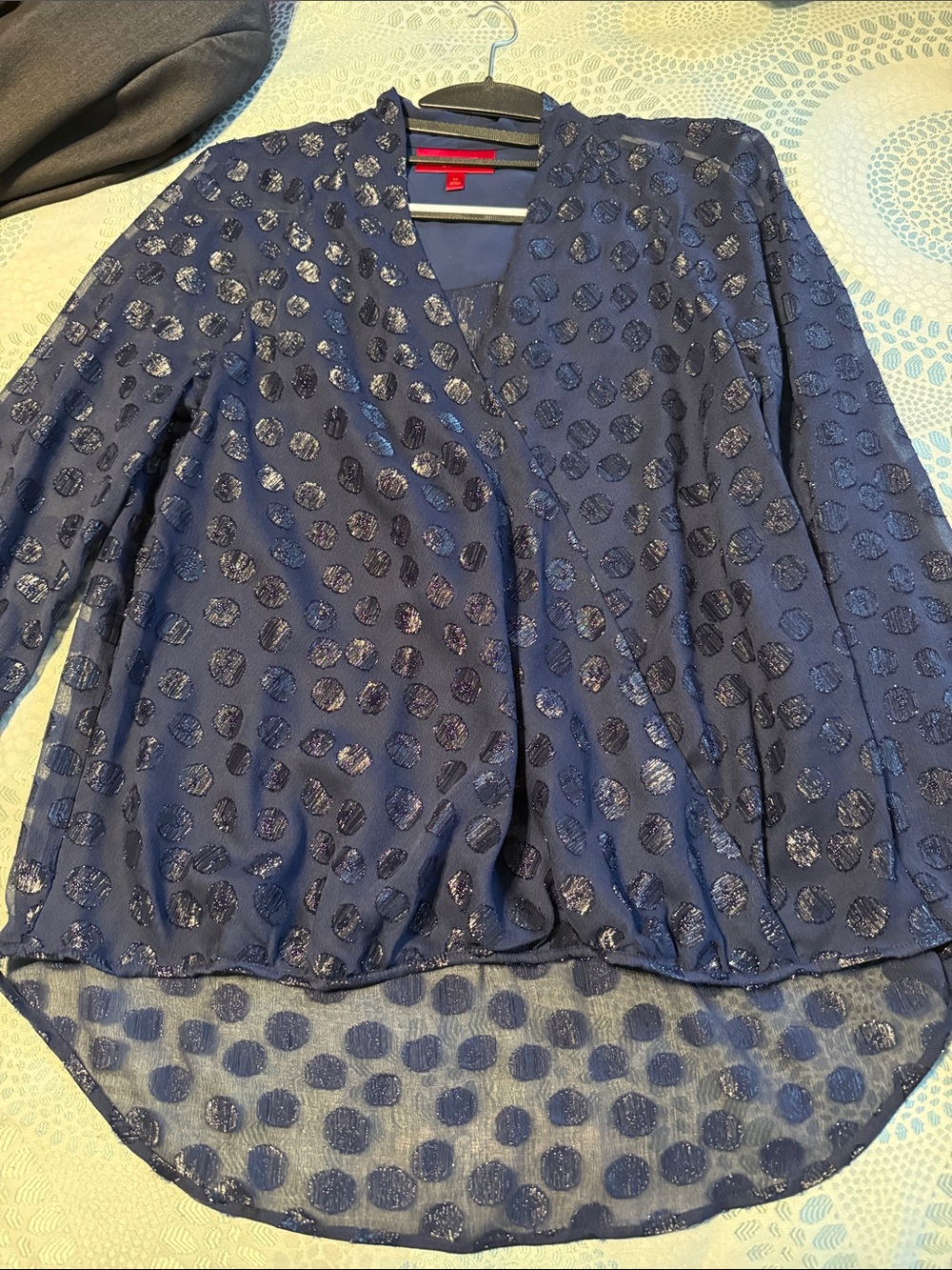 Jennifer Lopez Navy Shimmer Dot Wrap-Front Blouse